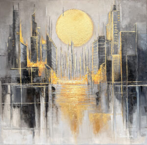 Gotham City Sunrise Impasto Oil Painting with Golden Leaf