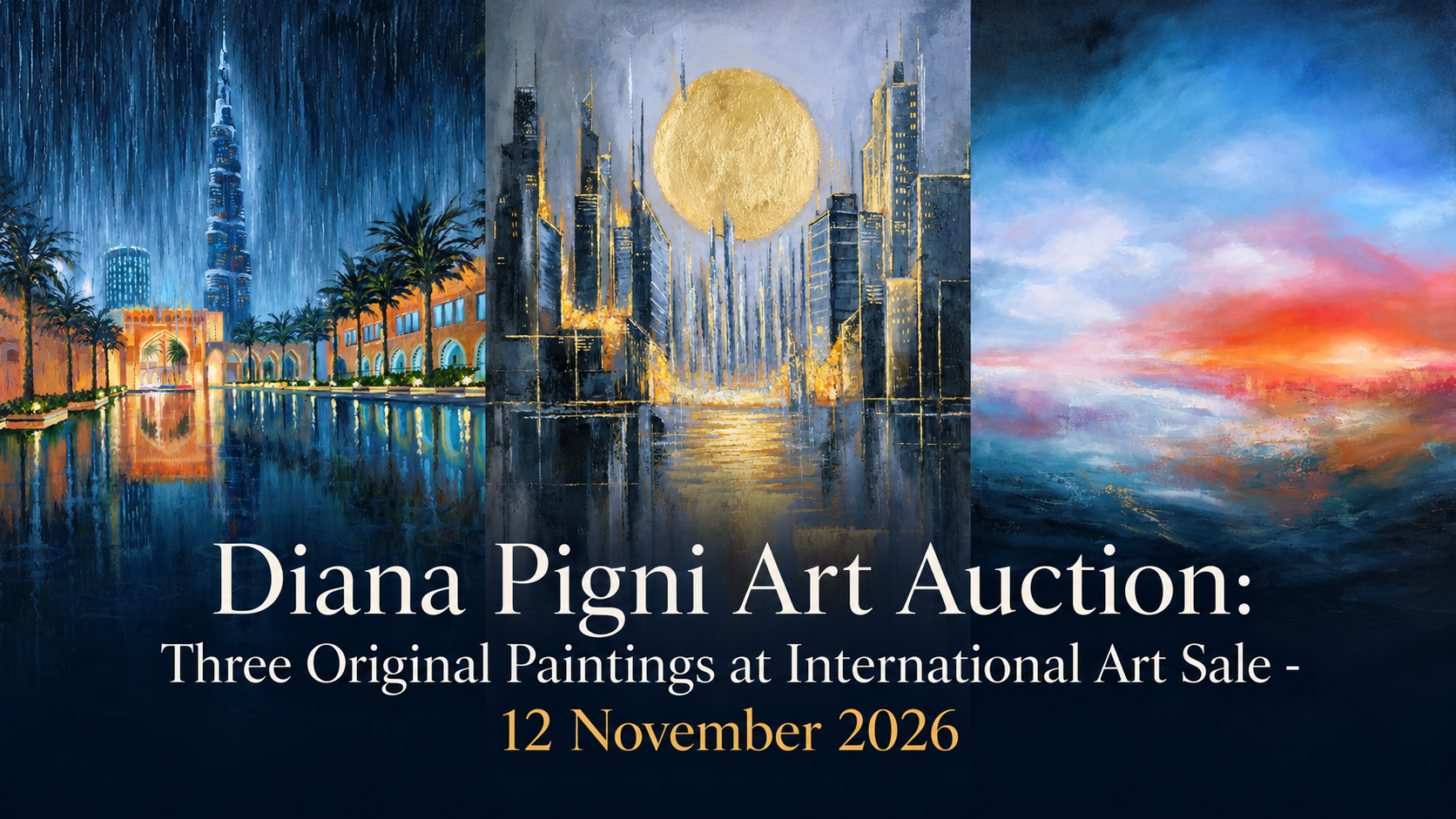 Three paintings by Diana Pigni—a rainy Dubai cityscape, a gold-leaf skyline and an abstract seascape—with text announcing an International Art Sale auction on 12 November 2026.